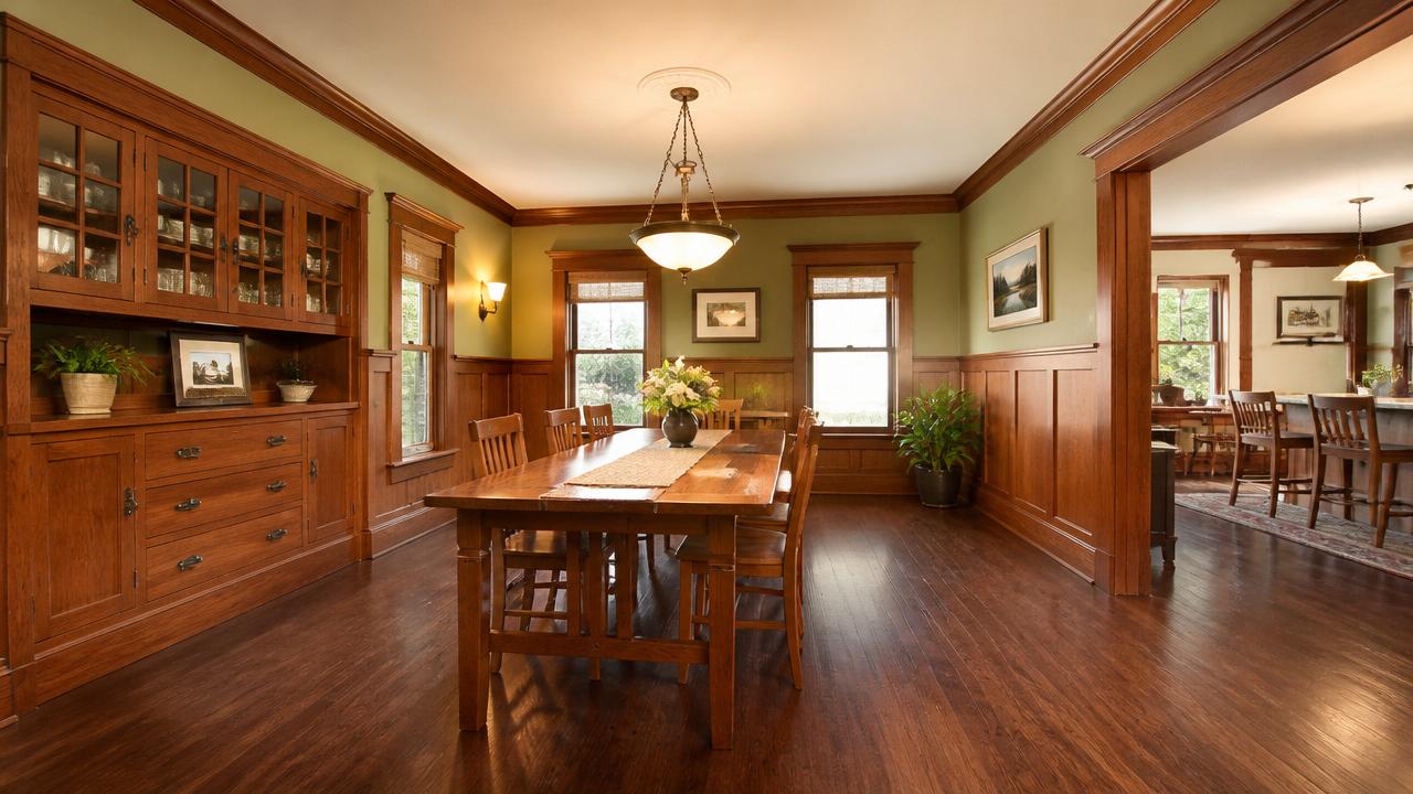 Solid walnut hardwood flooring in a classic American craftsman dining room