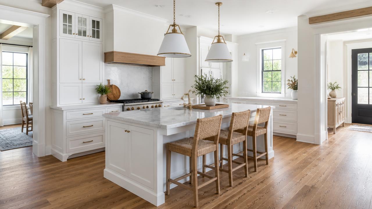 Medium oak hardwood flooring in a bright American farmhouse kitchen