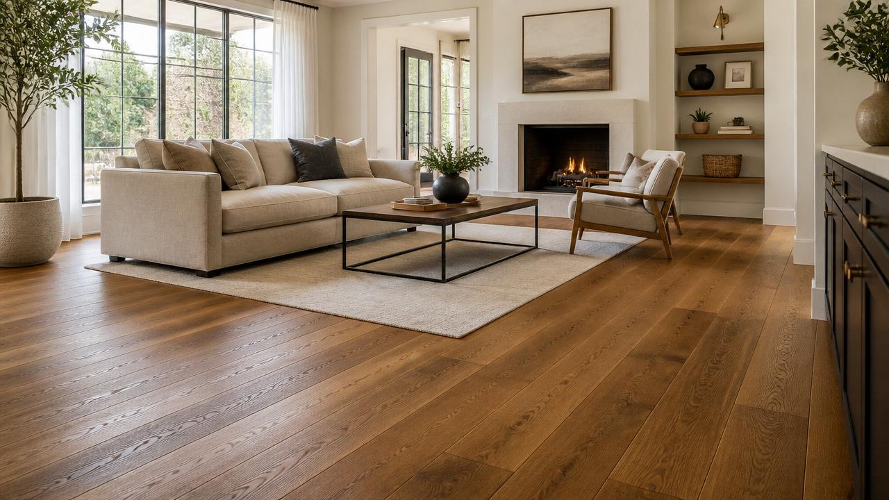 Wide-plank oak hardwood flooring in a modern American living room with a fireplace